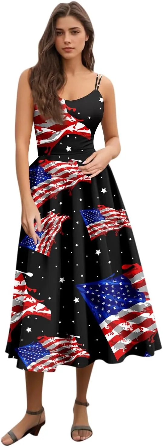 July 4 Dress Women Midi Red White and Blue Dresses Sleeveless Patriotic Dress Holiday Festival Dresses S,M,L,XL,XXL