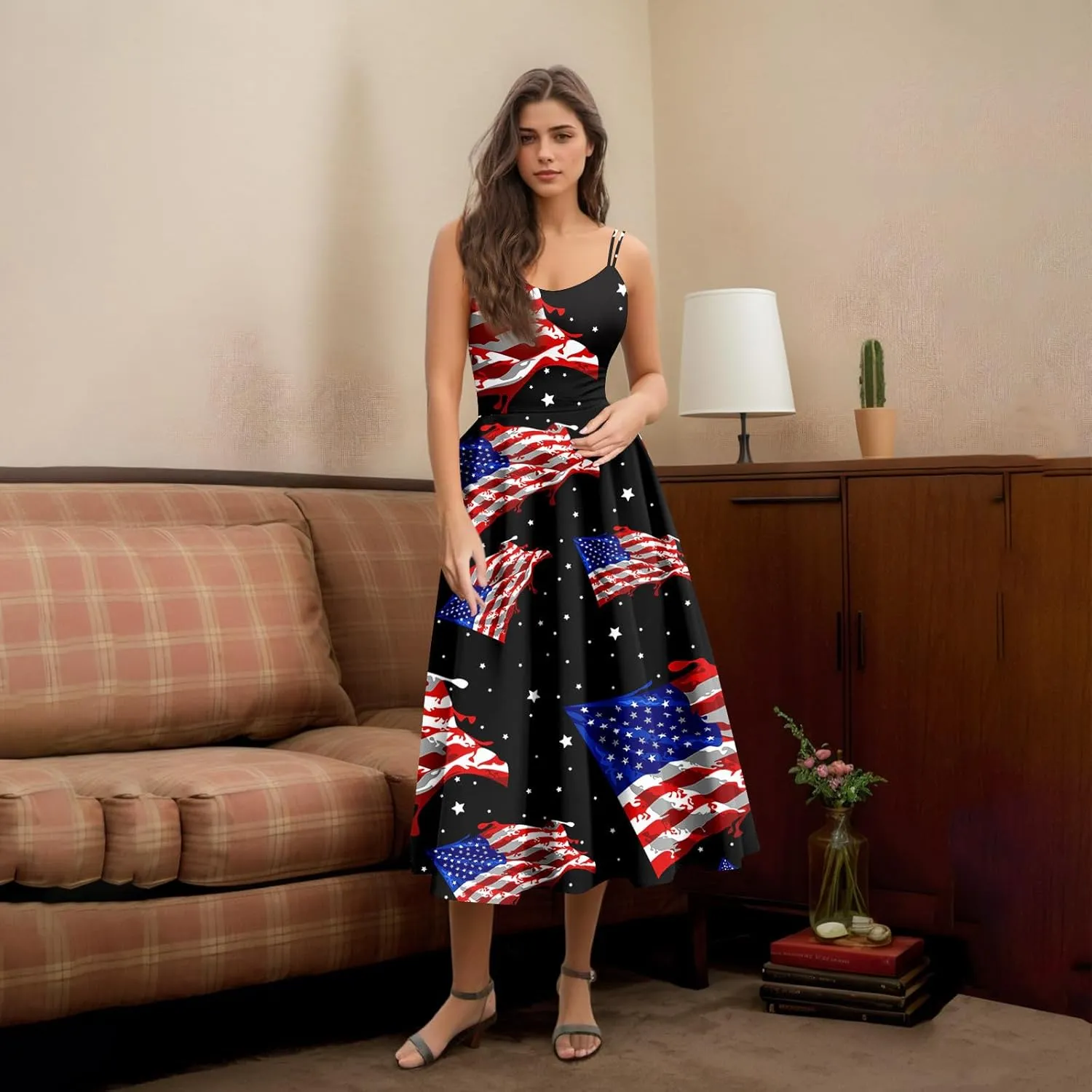 July 4 Dress Women Midi Red White and Blue Dresses Sleeveless Patriotic Dress Holiday Festival Dresses S,M,L,XL,XXL