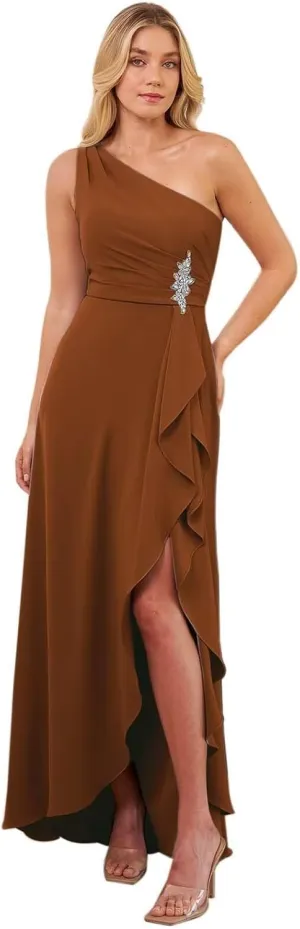 KDTM Chiffon Mother of The Bride Dresses with Slit One Shoulder Ruffles Beaded Long Formal Evening Gowns KD003