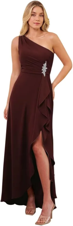 KDTM Chiffon Mother of The Bride Dresses with Slit One Shoulder Ruffles Beaded Long Formal Evening Gowns KD003