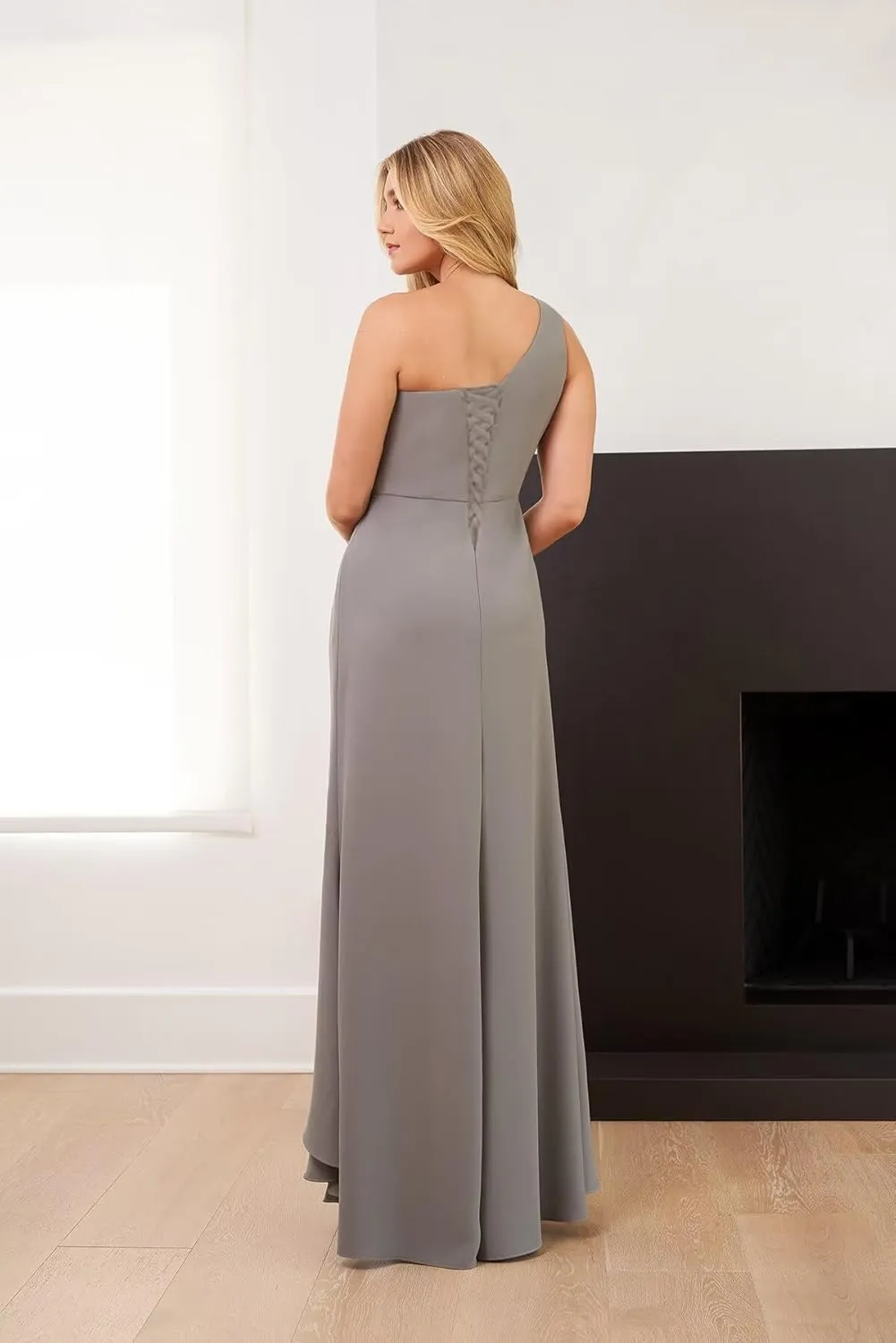 KDTM Chiffon Mother of The Bride Dresses with Slit One Shoulder Ruffles Beaded Long Formal Evening Gowns KD003