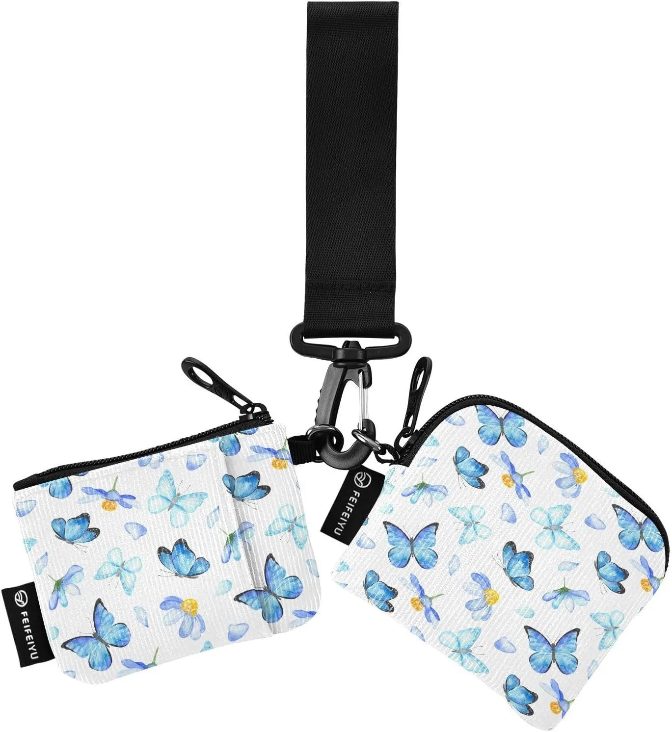 KeyChain Wallet Blue Butterflies and Flowers Dual Pouch Wristlet Wallets Small Coin Purse for Women