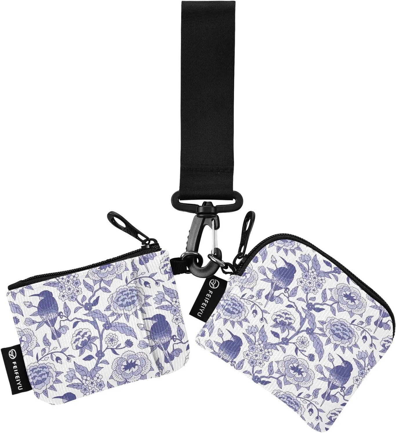 KeyChain Wallet Blue Chinoiserie Flowers Birds Dual Pouch Wristlet Wallets Small Coin Purse for Women