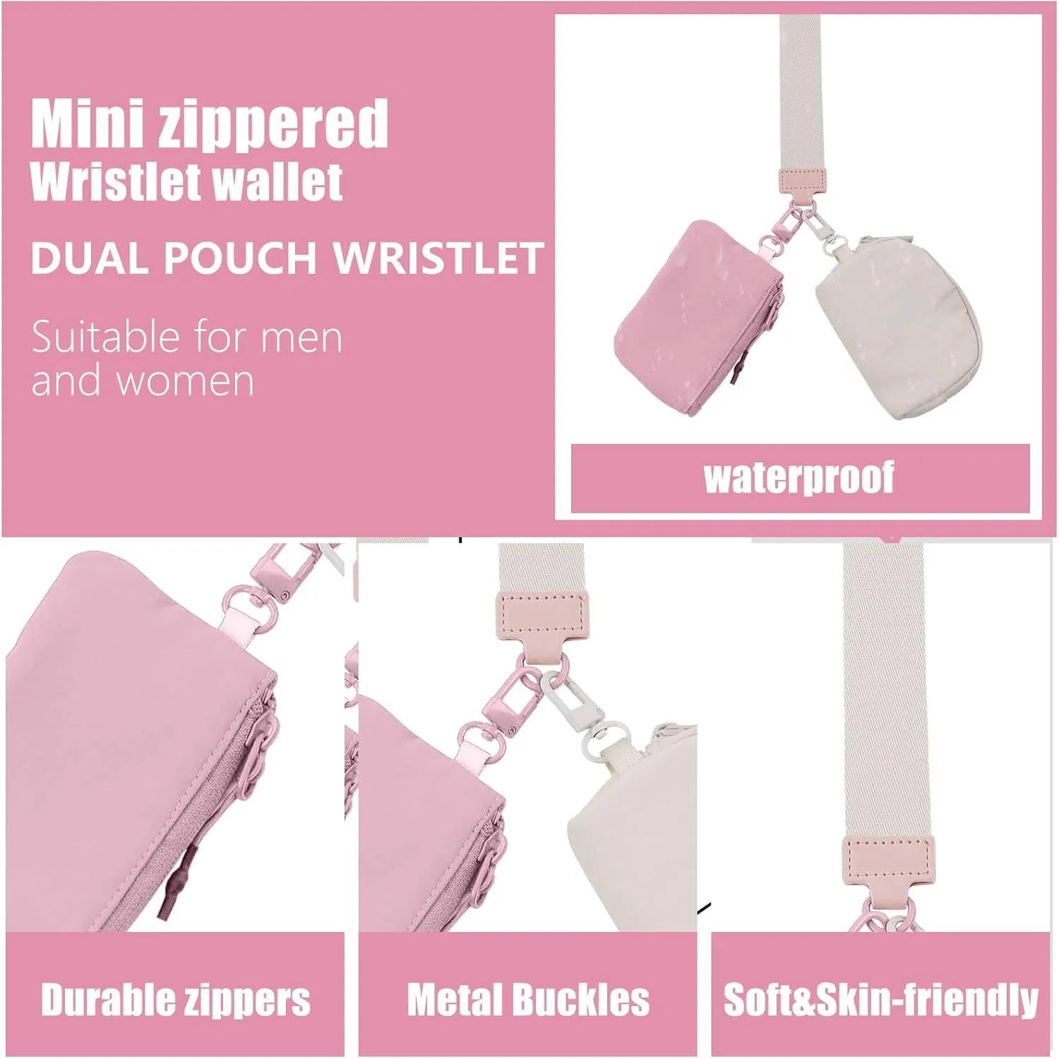 Keychain Wristlet Wallet, Dual Pouch Wristlet Wallet for Women, Keychain Wallets Detachable Mini Coin Purse, Small Zipper Wallet Portable Pocket (Beige-Rose Pink)