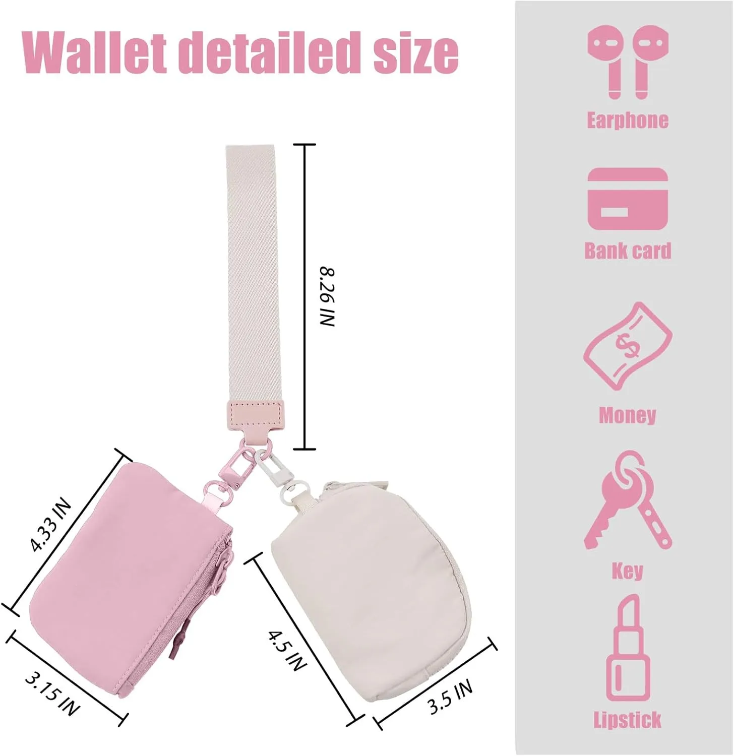 Keychain Wristlet Wallet, Dual Pouch Wristlet Wallet for Women, Keychain Wallets Detachable Mini Coin Purse, Small Zipper Wallet Portable Pocket (Beige-Rose Pink)