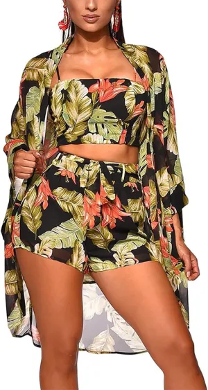 KEYUFANG Women 3 Piece Vocation Outfits Summer Suit Floral Kimono Cardigans Beach Cover Up Crop Cami Top Short Set