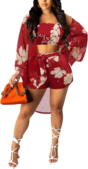 KEYUFANG Women 3 Piece Vocation Outfits Summer Suit Floral Kimono Cardigans Beach Cover Up Crop Cami Top Short Set