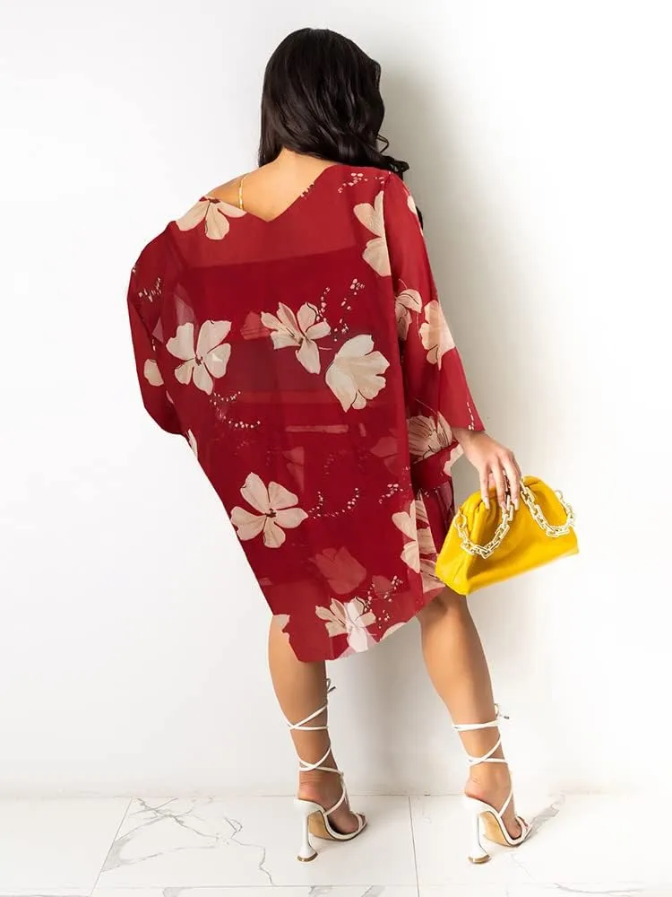 KEYUFANG Women 3 Piece Vocation Outfits Summer Suit Floral Kimono Cardigans Beach Cover Up Crop Cami Top Short Set