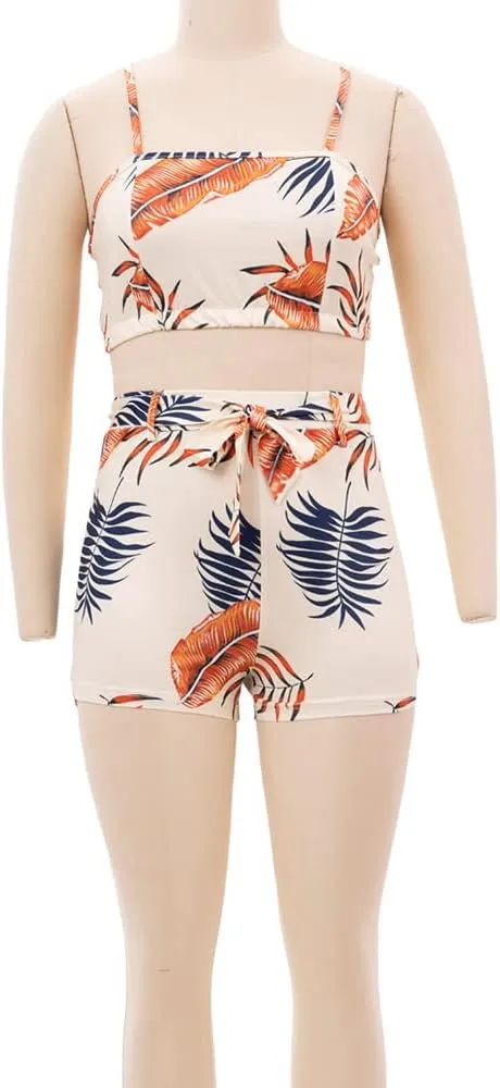 KEYUFANG Women 3 Piece Vocation Outfits Summer Suit Floral Kimono Cardigans Beach Cover Up Crop Cami Top Short Set