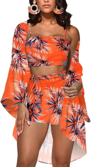 KEYUFANG Women 3 Piece Vocation Outfits Summer Suit Floral Kimono Cardigans Beach Cover Up Crop Cami Top Short Set