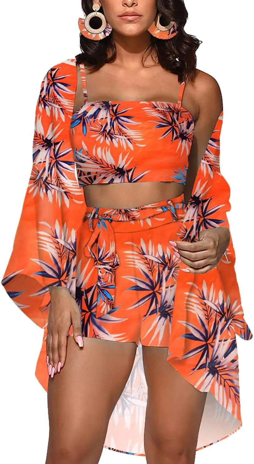 KEYUFANG Women 3 Piece Vocation Outfits Summer Suit Floral Kimono Cardigans Beach Cover Up Crop Cami Top Short Set
