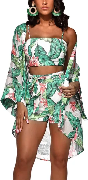 KEYUFANG Women 3 Piece Vocation Outfits Summer Suit Floral Kimono Cardigans Beach Cover Up Crop Cami Top Short Set