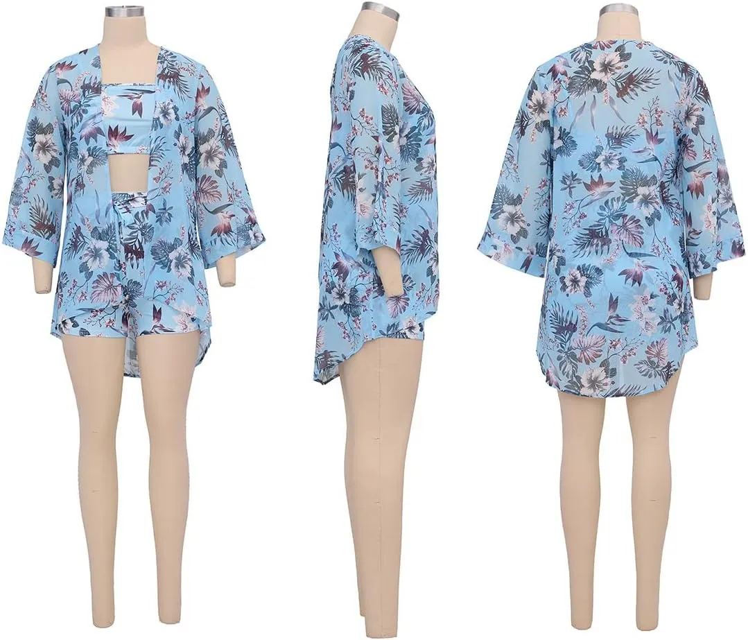 KEYUFANG Women 3 Piece Vocation Outfits Summer Suit Floral Kimono Cardigans Beach Cover Up Crop Cami Top Short Set