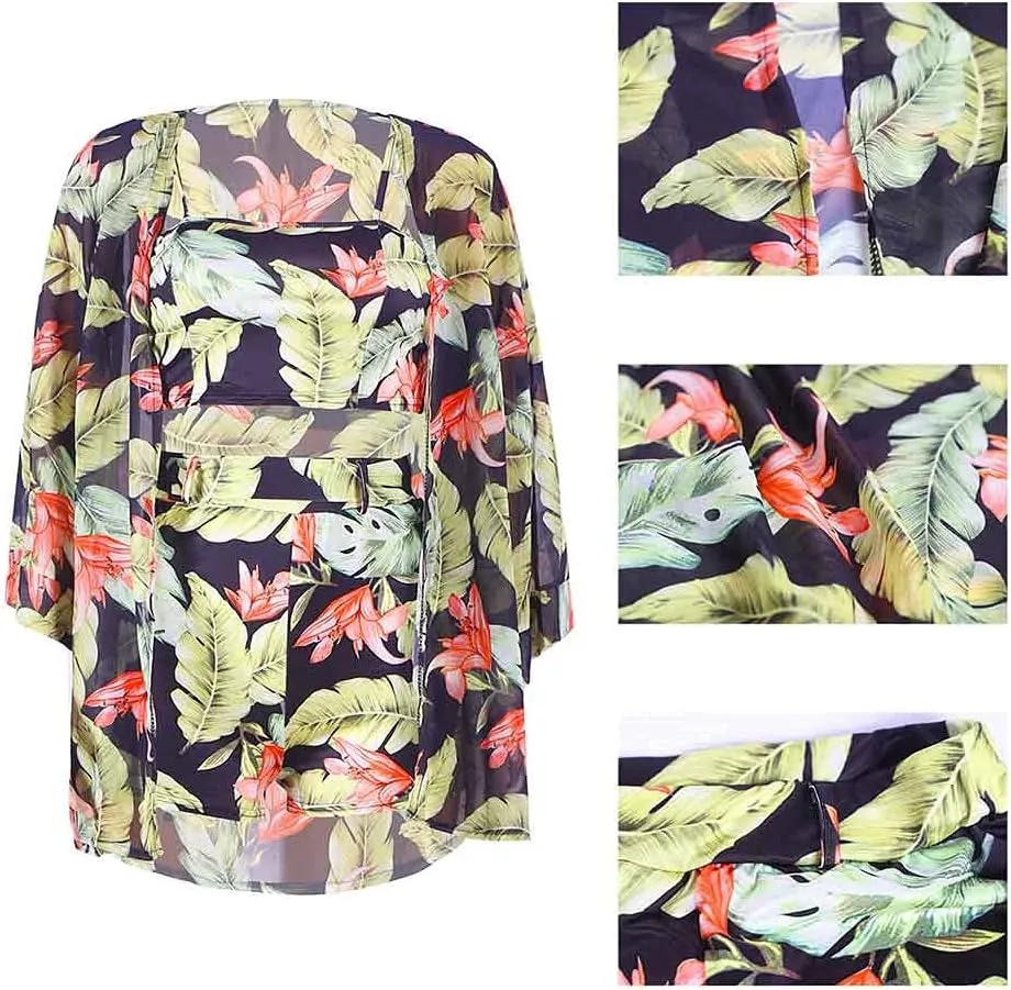 KEYUFANG Women 3 Piece Vocation Outfits Summer Suit Floral Kimono Cardigans Beach Cover Up Crop Cami Top Short Set