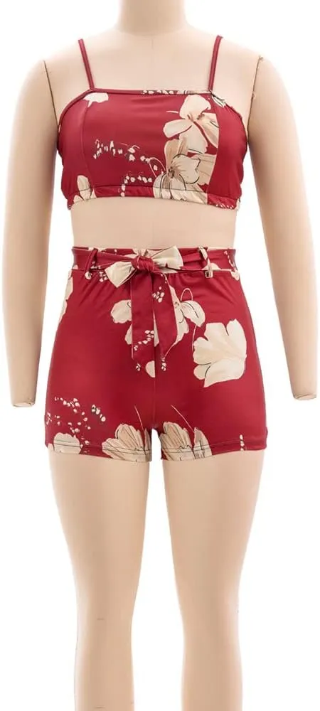 KEYUFANG Women 3 Piece Vocation Outfits Summer Suit Floral Kimono Cardigans Beach Cover Up Crop Cami Top Short Set