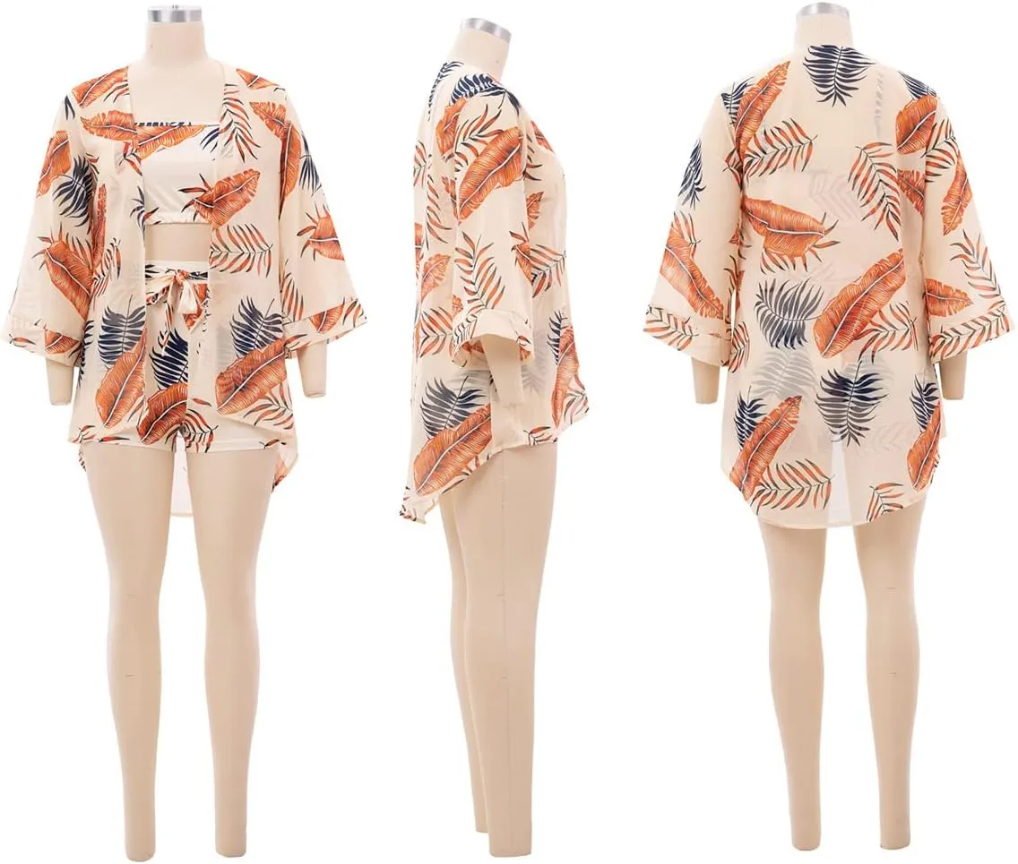 KEYUFANG Women 3 Piece Vocation Outfits Summer Suit Floral Kimono Cardigans Beach Cover Up Crop Cami Top Short Set