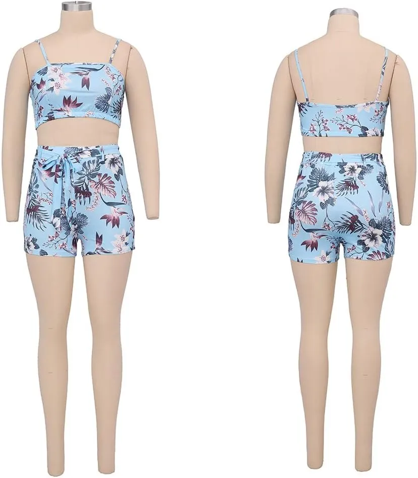 KEYUFANG Women 3 Piece Vocation Outfits Summer Suit Floral Kimono Cardigans Beach Cover Up Crop Cami Top Short Set