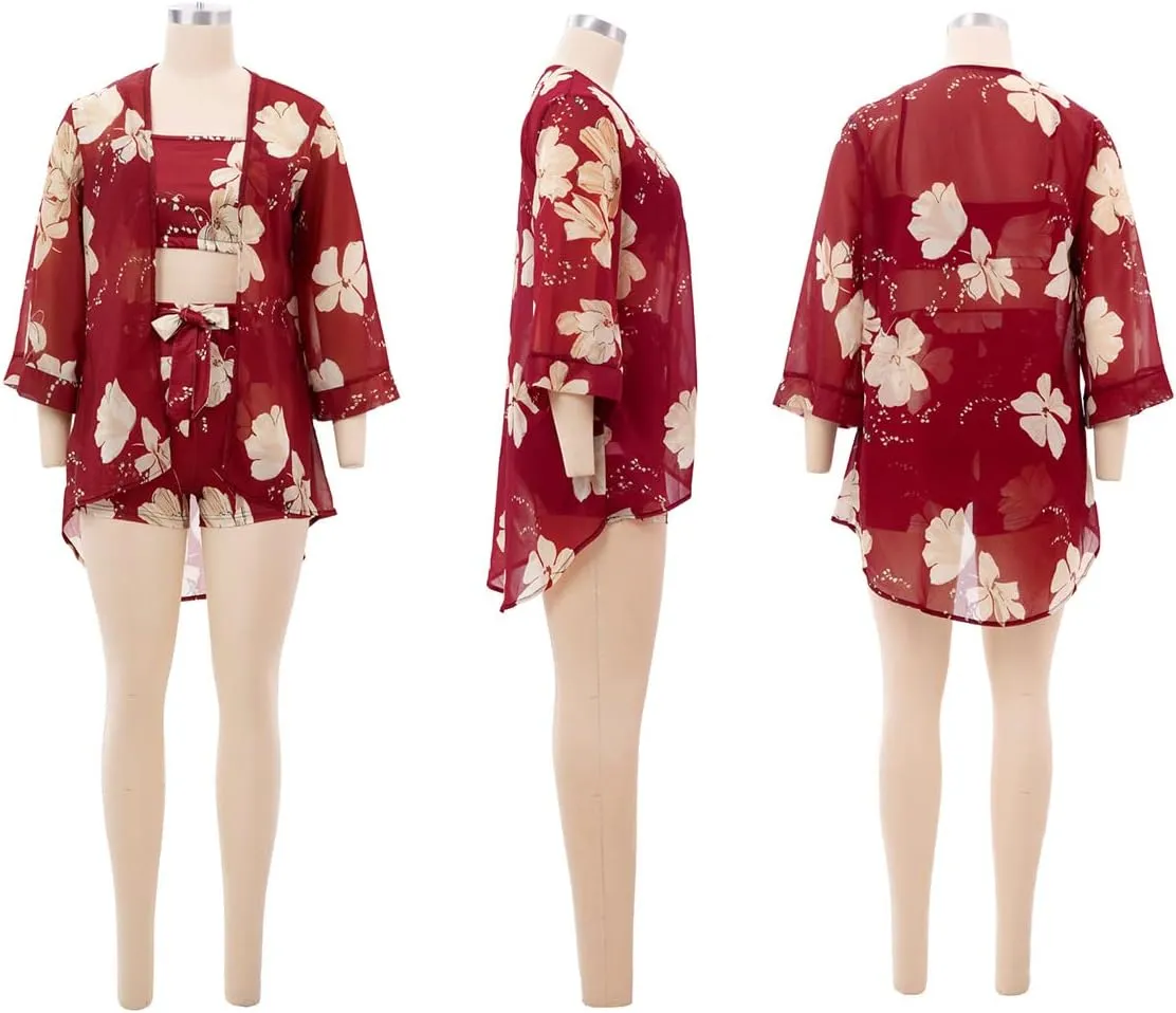 KEYUFANG Women 3 Piece Vocation Outfits Summer Suit Floral Kimono Cardigans Beach Cover Up Crop Cami Top Short Set