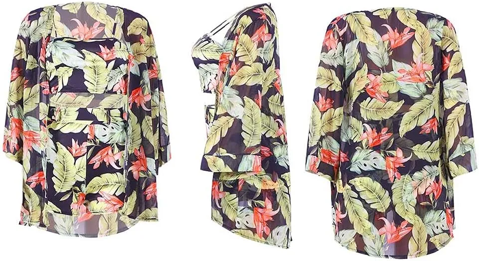 KEYUFANG Women 3 Piece Vocation Outfits Summer Suit Floral Kimono Cardigans Beach Cover Up Crop Cami Top Short Set
