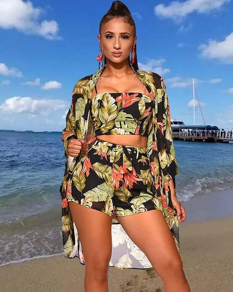 KEYUFANG Women 3 Piece Vocation Outfits Summer Suit Floral Kimono Cardigans Beach Cover Up Crop Cami Top Short Set