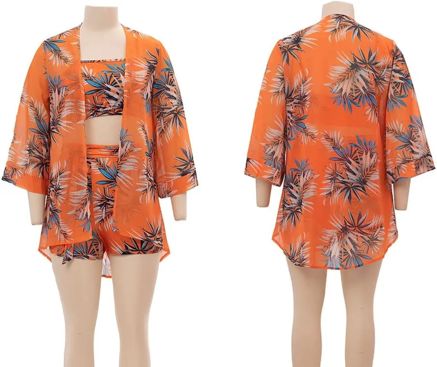 KEYUFANG Women 3 Piece Vocation Outfits Summer Suit Floral Kimono Cardigans Beach Cover Up Crop Cami Top Short Set