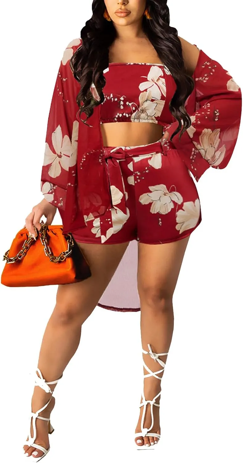 KEYUFANG Women 3 Piece Vocation Outfits Summer Suit Floral Kimono Cardigans Beach Cover Up Crop Cami Top Short Set