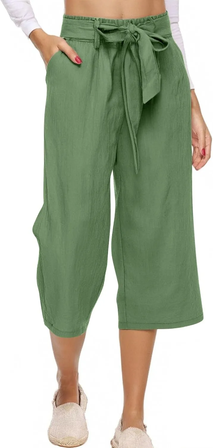 KIKX0DE Womens Summer Fashion Capri Pants Casual Drawstring Elastic High Waist Linen Pant Straight Cropped Trousers