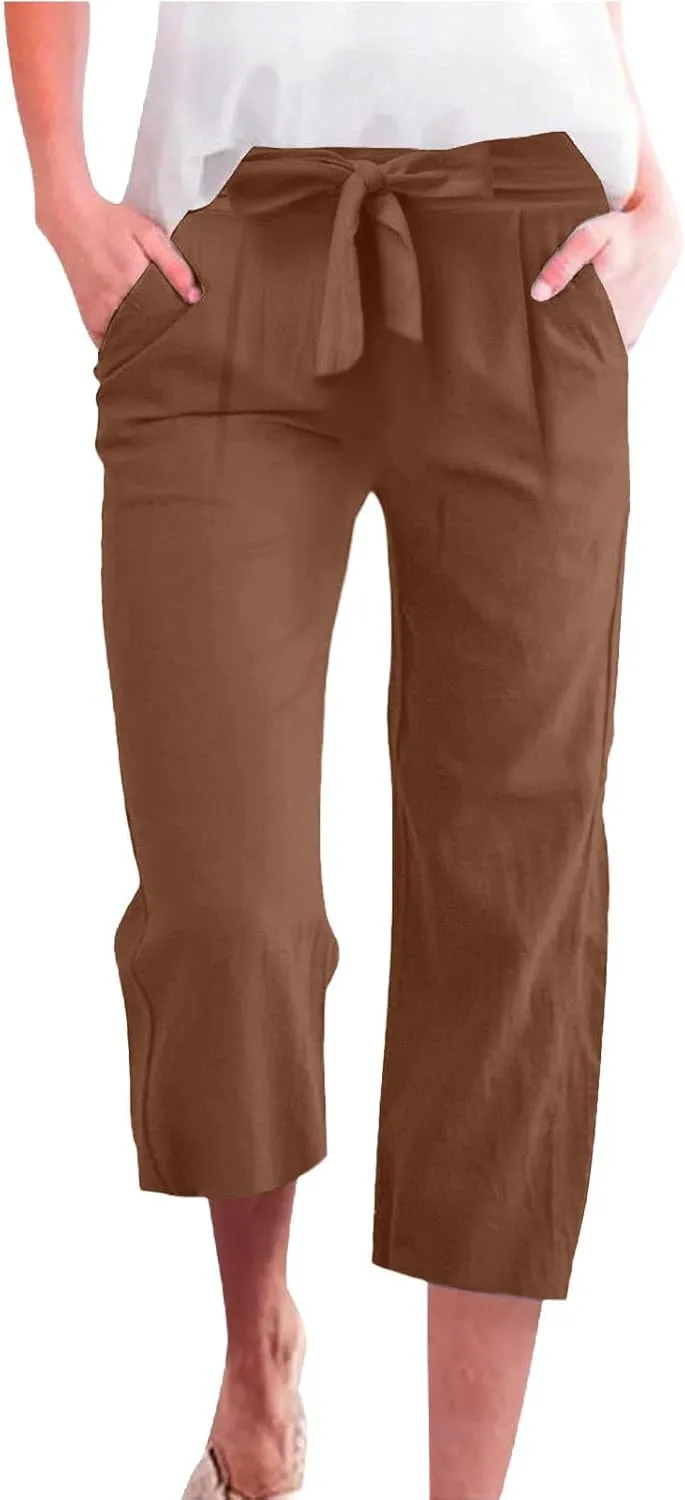 KIKX0DE Womens Summer Fashion Capri Pants Casual Drawstring Elastic High Waist Linen Pant Straight Cropped Trousers