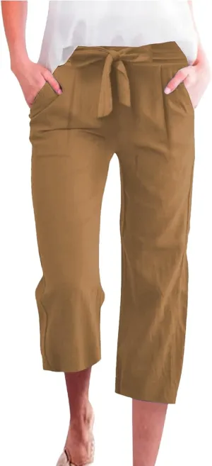 KIKX0DE Womens Summer Fashion Capri Pants Casual Drawstring Elastic High Waist Linen Pant Straight Cropped Trousers