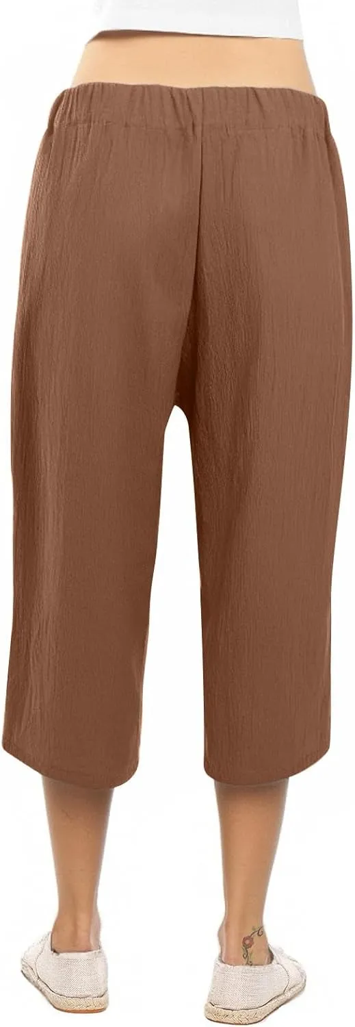 KIKX0DE Womens Summer Fashion Capri Pants Casual Drawstring Elastic High Waist Linen Pant Straight Cropped Trousers