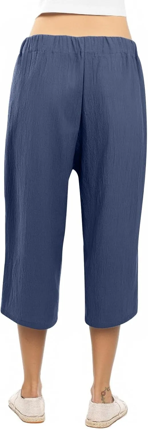 KIKX0DE Womens Summer Fashion Capri Pants Casual Drawstring Elastic High Waist Linen Pant Straight Cropped Trousers