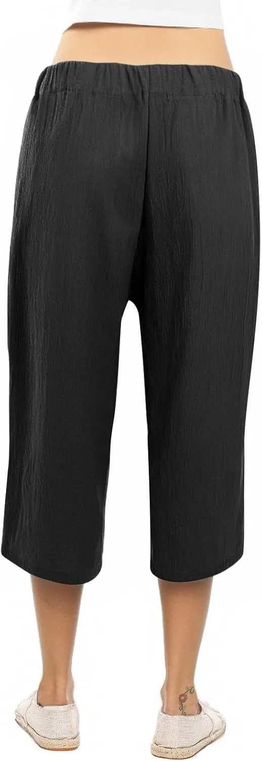 KIKX0DE Womens Summer Fashion Capri Pants Casual Drawstring Elastic High Waist Linen Pant Straight Cropped Trousers