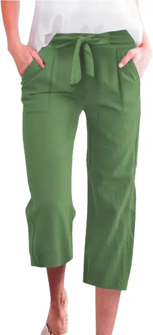 KIKX0DE Womens Summer Fashion Capri Pants Casual Drawstring Elastic High Waist Linen Pant Straight Cropped Trousers