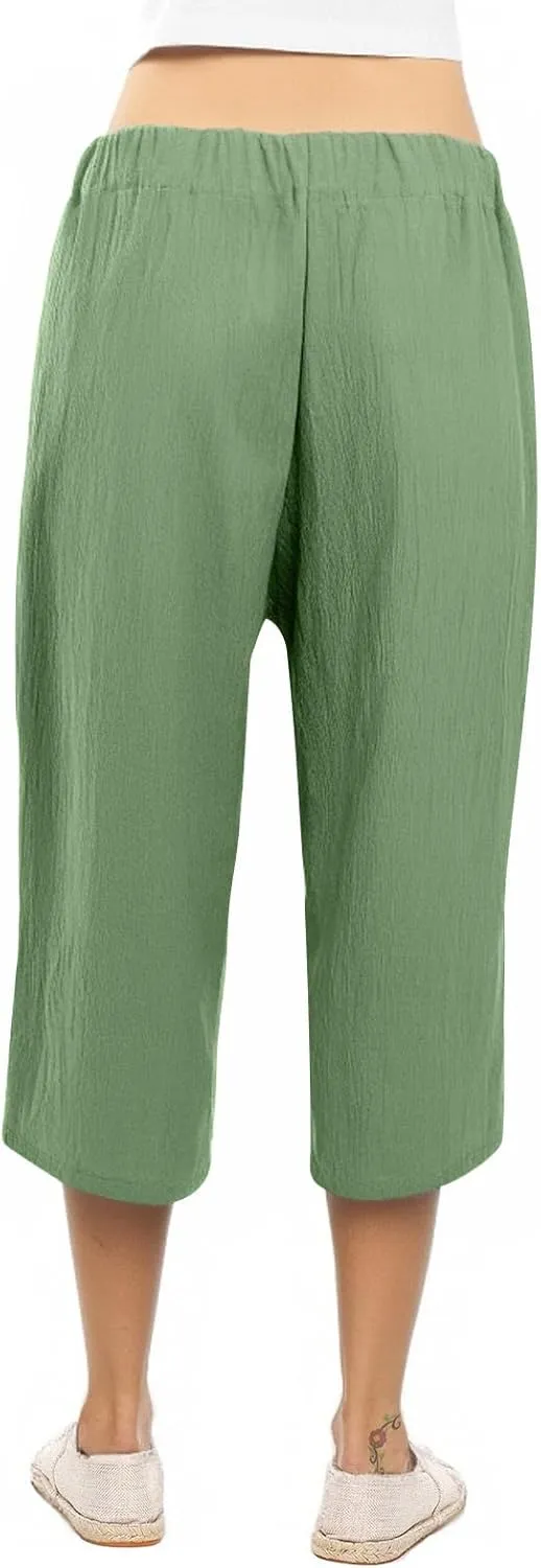 KIKX0DE Womens Summer Fashion Capri Pants Casual Drawstring Elastic High Waist Linen Pant Straight Cropped Trousers