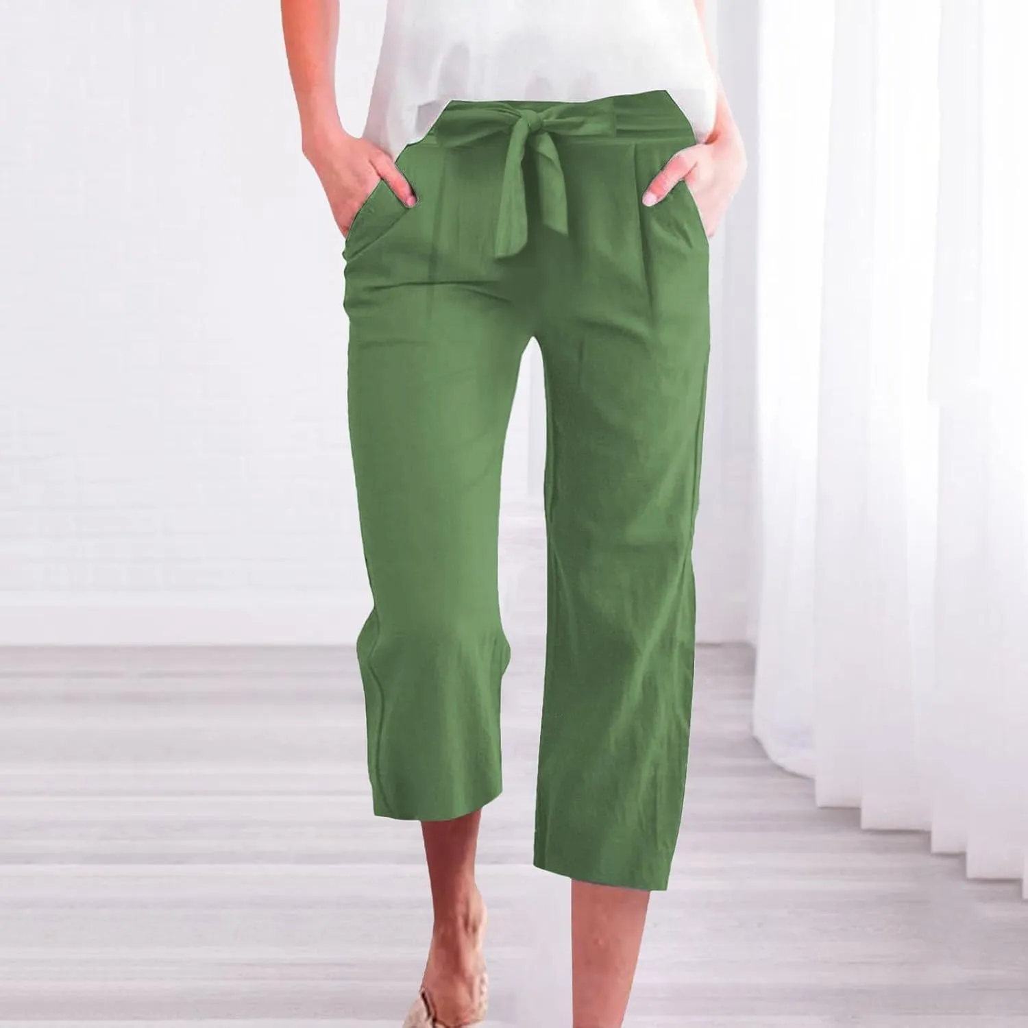 KIKX0DE Womens Summer Fashion Capri Pants Casual Drawstring Elastic High Waist Linen Pant Straight Cropped Trousers