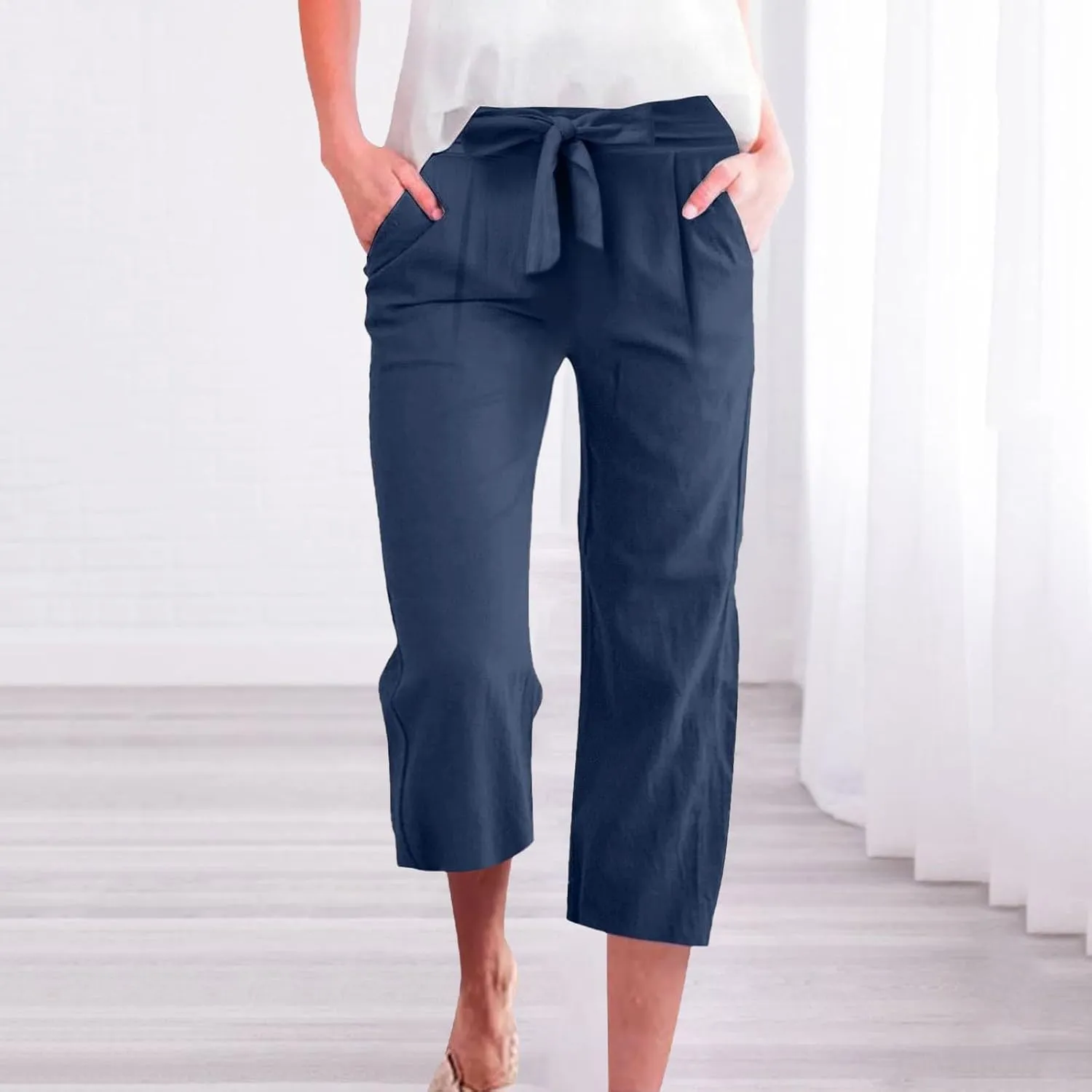KIKX0DE Womens Summer Fashion Capri Pants Casual Drawstring Elastic High Waist Linen Pant Straight Cropped Trousers