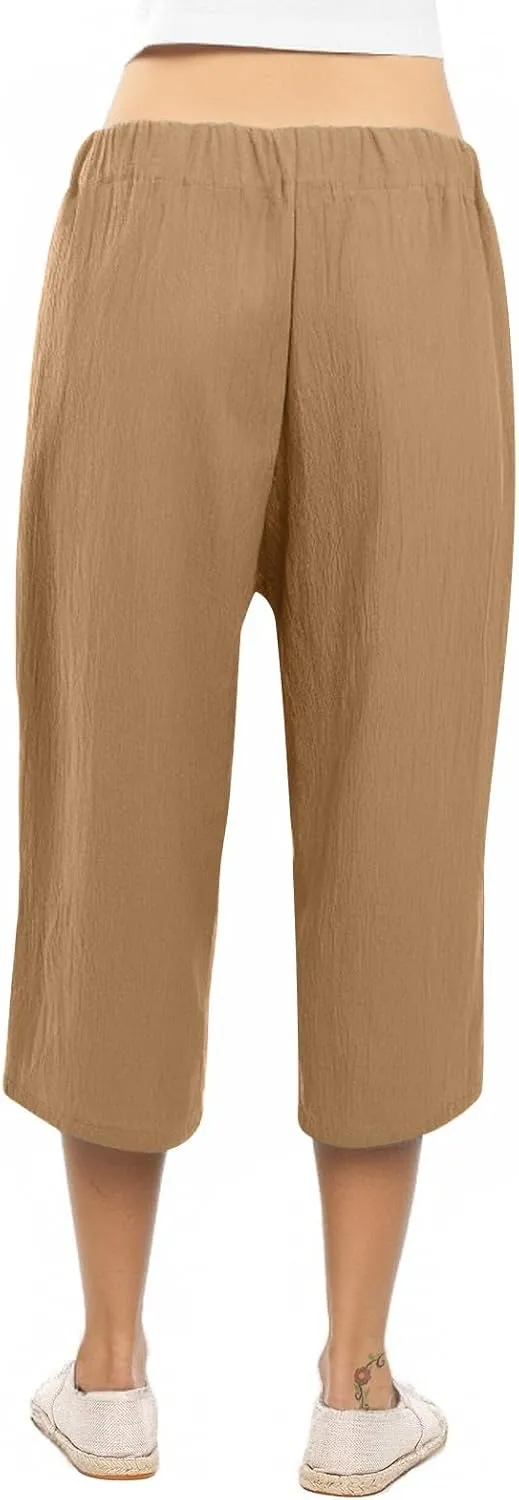 KIKX0DE Womens Summer Fashion Capri Pants Casual Drawstring Elastic High Waist Linen Pant Straight Cropped Trousers