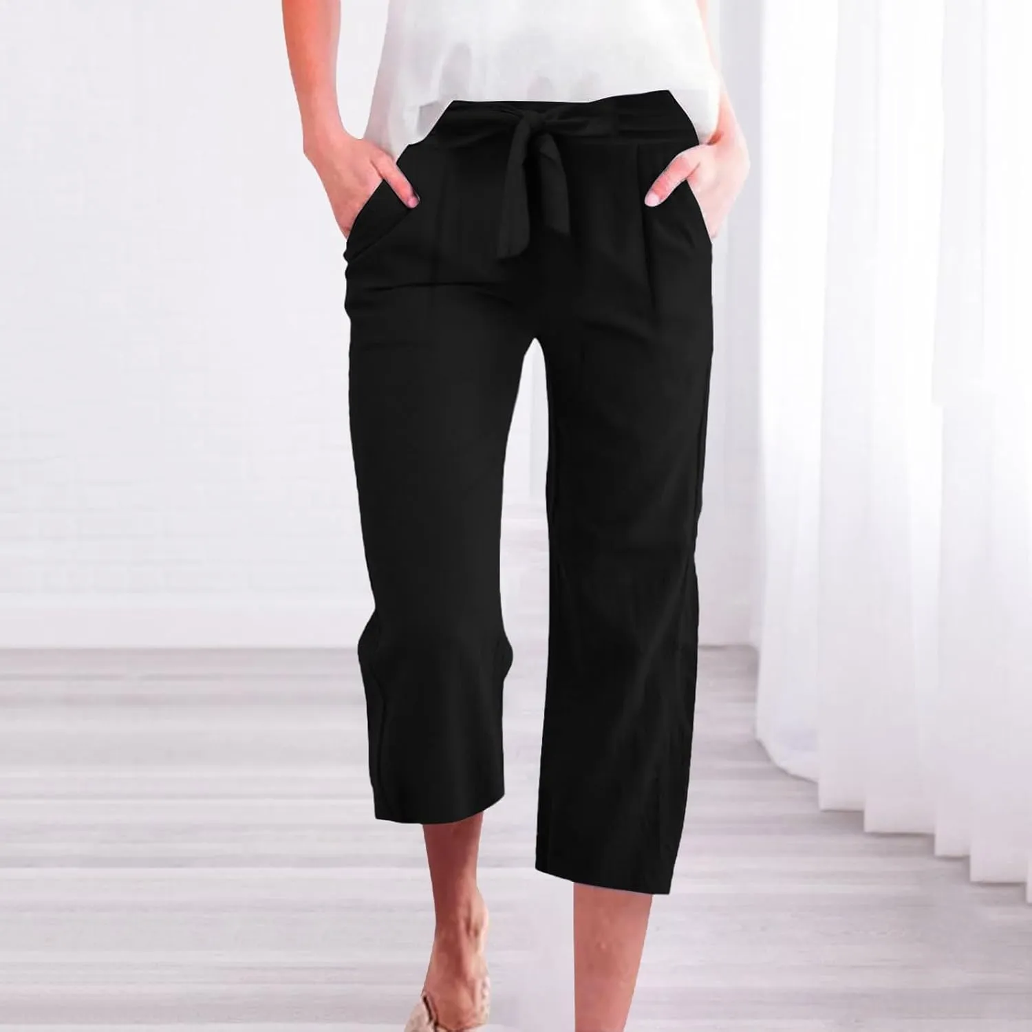 KIKX0DE Womens Summer Fashion Capri Pants Casual Drawstring Elastic High Waist Linen Pant Straight Cropped Trousers
