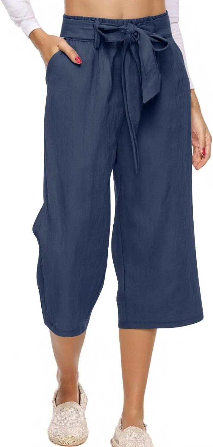 KIKX0DE Womens Summer Fashion Capri Pants Casual Drawstring Elastic High Waist Linen Pant Straight Cropped Trousers