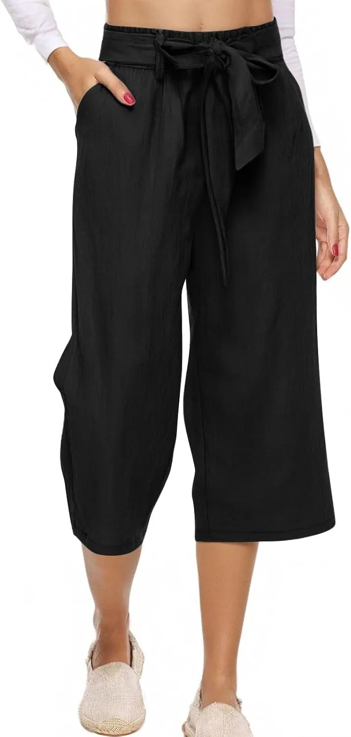 KIKX0DE Womens Summer Fashion Capri Pants Casual Drawstring Elastic High Waist Linen Pant Straight Cropped Trousers