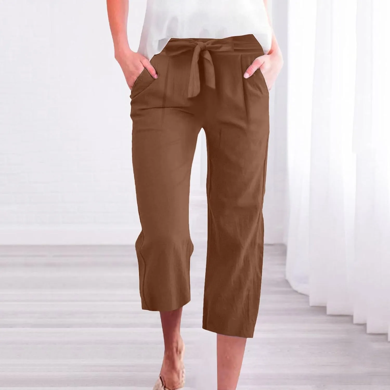 KIKX0DE Womens Summer Fashion Capri Pants Casual Drawstring Elastic High Waist Linen Pant Straight Cropped Trousers