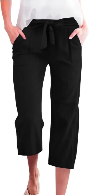 KIKX0DE Womens Summer Fashion Capri Pants Casual Drawstring Elastic High Waist Linen Pant Straight Cropped Trousers