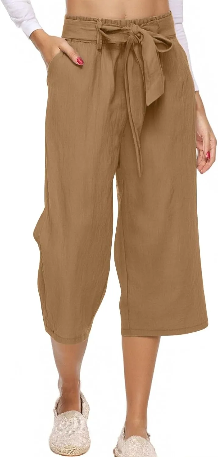 KIKX0DE Womens Summer Fashion Capri Pants Casual Drawstring Elastic High Waist Linen Pant Straight Cropped Trousers