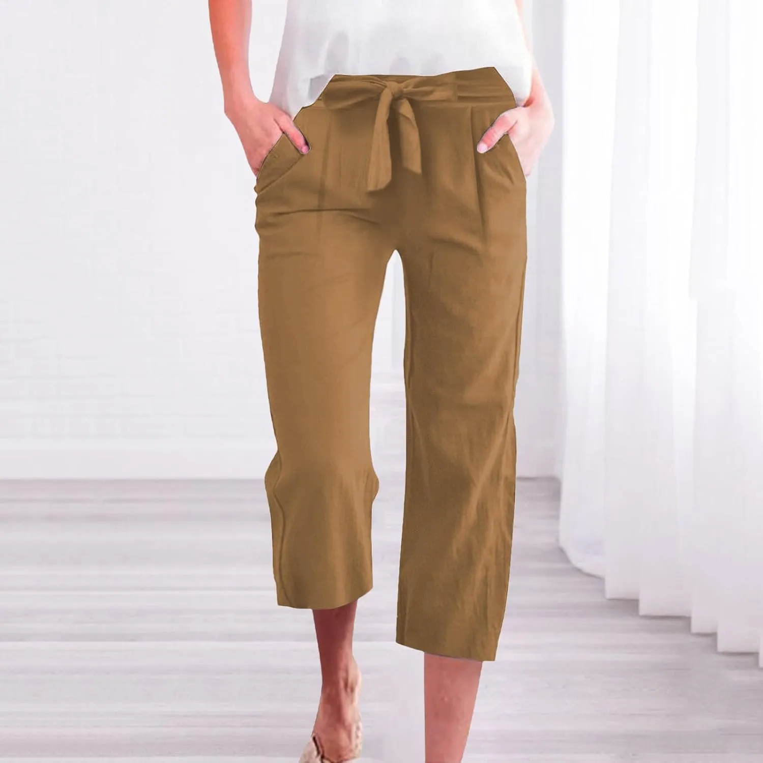 KIKX0DE Womens Summer Fashion Capri Pants Casual Drawstring Elastic High Waist Linen Pant Straight Cropped Trousers