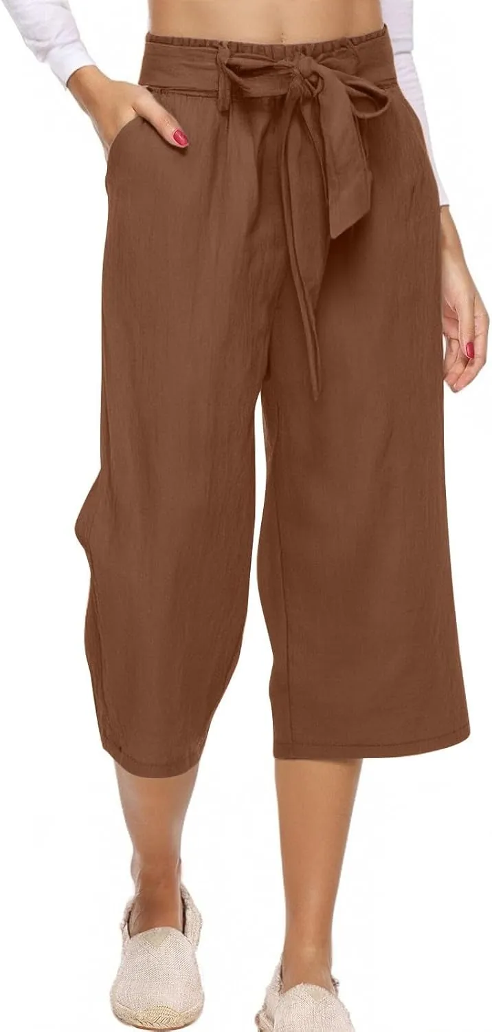 KIKX0DE Womens Summer Fashion Capri Pants Casual Drawstring Elastic High Waist Linen Pant Straight Cropped Trousers