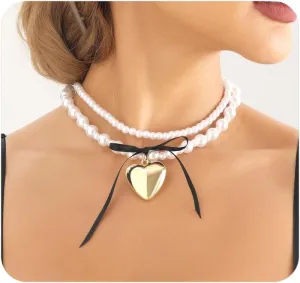 Layered Gold Heart Pearl Choker Necklaces Set for Women Stackable Love Bow Pearls Pendant Necklaces Chunky Bowknot Beads Necklaces Jewelry Accessories