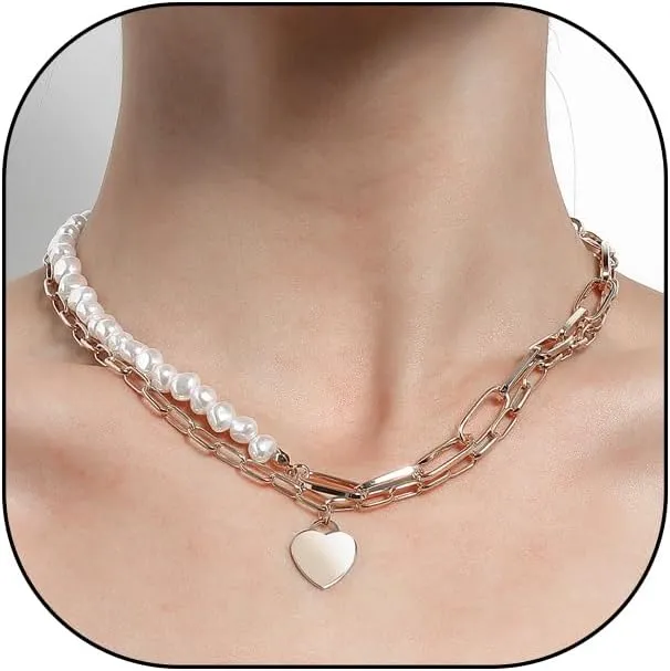 Layered Gold Heart Pearl Pendant Necklaces Set for Women Adjustable Beaded Love Necklaces Trendy Double Pearl Chain Necklaces Wedding Jewelry Gifts