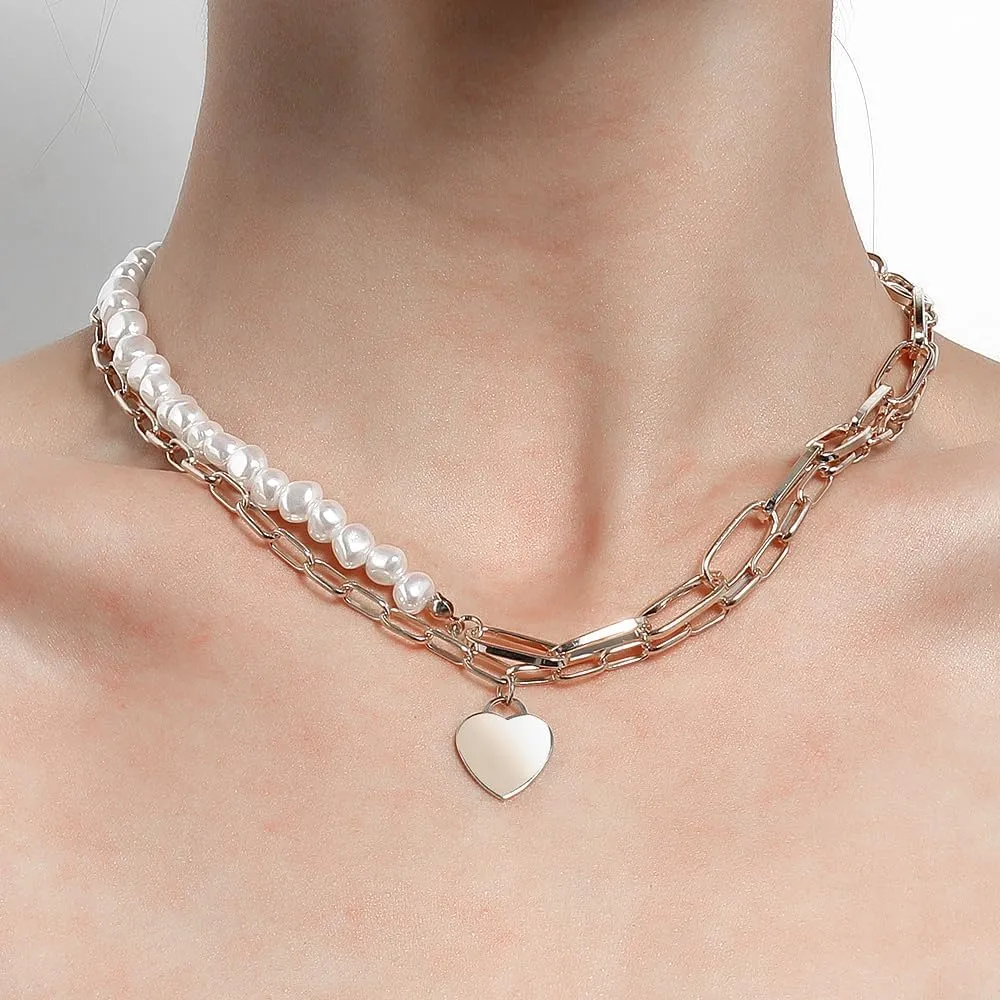 Layered Gold Heart Pearl Pendant Necklaces Set for Women Adjustable Beaded Love Necklaces Trendy Double Pearl Chain Necklaces Wedding Jewelry Gifts