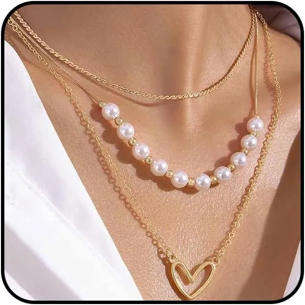 Layered Gold Heart Pearls Pendant Necklaces Set for Women Dainty Love Pearl Choker Necklaces Adjustable Beads Chain Necklaces Festival Jewelry Gifts
