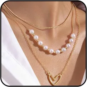 Layered Gold Heart Pearls Pendant Necklaces Set for Women Dainty Love Pearl Choker Necklaces Adjustable Beads Chain Necklaces Festival Jewelry Gifts